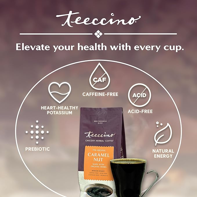 Teeccino Caramel Nut Chicory Coffee Alternative - Ground Herbal Coffee That?™s Prebiotic, Caffeine Free & Acid Free, Medium Roast, 11 Ounce