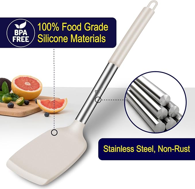 HOTEC Silicone Spatula Set of 2 Heat-Resistant 600째F & BPA-Free Kitchen SaptulaTurner with Stainless Steel Handles, Slotted & Solid Spatulas for Nonstick Cookware, 13.7 Inch, Khaki