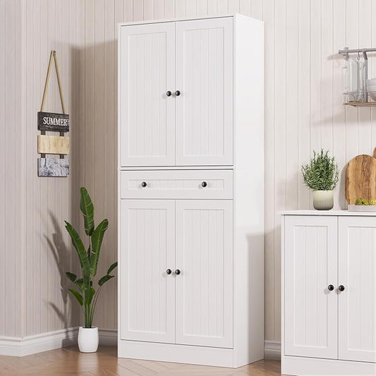 Kitchen Pantry Storage Cabinet, 71" H Farmhouse Pantry Cabinet with 4 Doors & Drawer, Freestanding Cupboard with Adjustable Shelves, Rustic Wood Cupboard for Kitchen, Dining Room, White