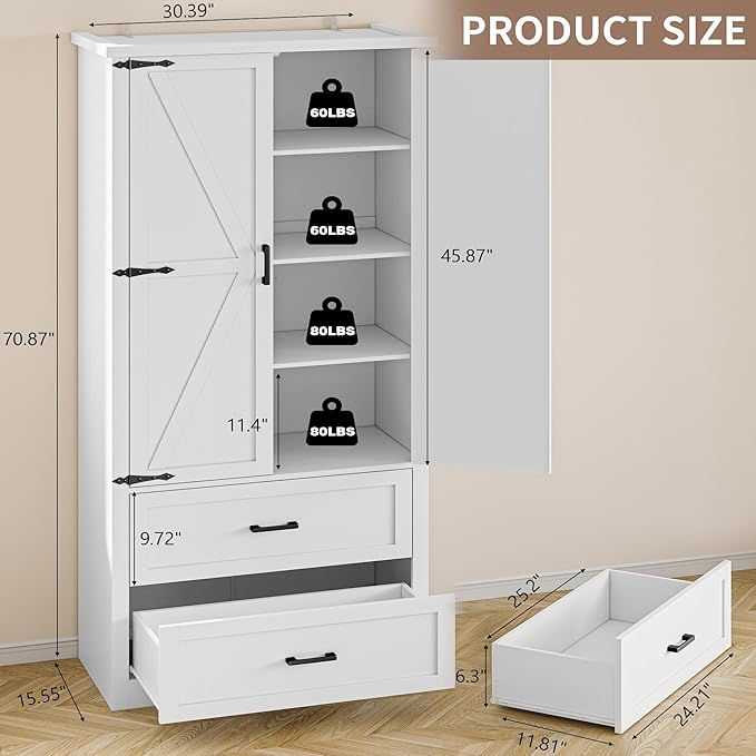 Pantry Organizers and Storage Cabinet, 71??Barn Door White Kitchen Cabinet with Drawers and Adjustable Shelf, Tall Pantry for Kitchen, Dining Room, Living Room. Bathroom and Office