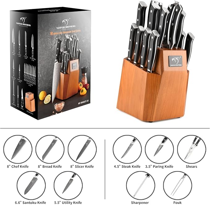Kitchen Knife Set, 18-Piece Damascus Kitchen Knife Set with Block, ABS Ergonomic Handle for Chef Knife Set, Knife Sharpener and Kitchen Shears, Knife Block Set