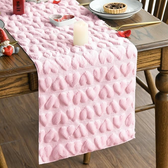 Artoid Mode Pink Soft Plush Faux Fur Jacquard Heart Valentine's Day Table Runner, Seasonal Kitchen Dining Table Decoration for Home Party Decor 13x36 Inch