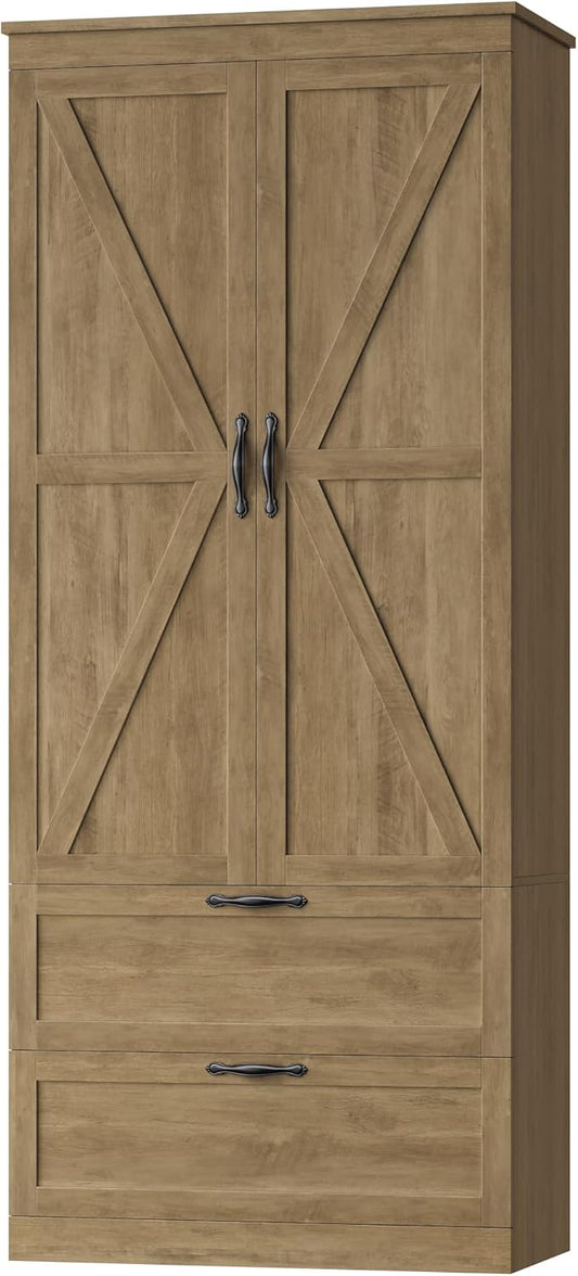 HOSTACK 70" Tall Kitchen Pantry Storage, Barn Doors Pantry Cabinet with Drawers and Adjustable Shelf, Modern Farmhouse Storage Cabinet for Kitchen, Dining Room, Living Room, Bathroom, Rustic Brown