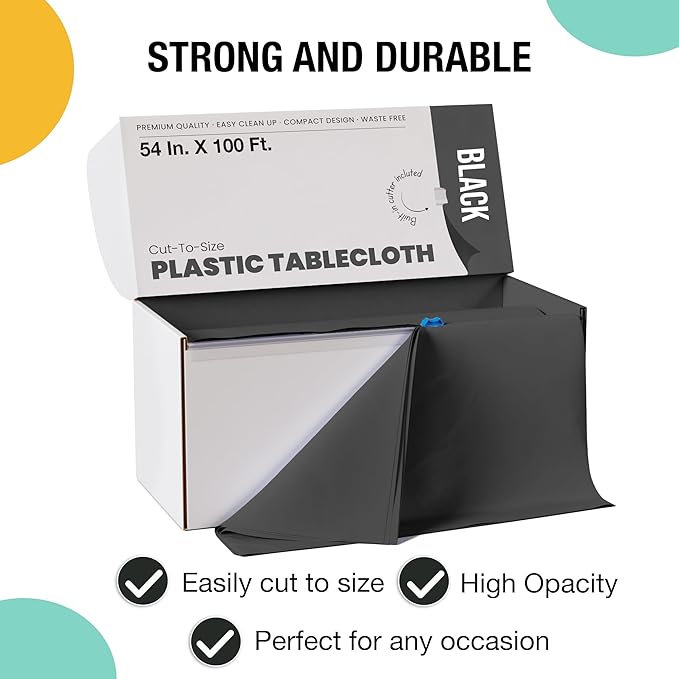 Party Solids 54 Inch X 100 Feet Black Plastic Table Cover Roll in A Cut - to - Size Box with Convenient Slide Cutter. Cuts Up to 12 Rectangle 8 Feet Plastic Disposable Tablecloths