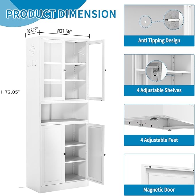 White Steel Kitchen Pantry Cabinet with Glass & Solid Doors, 72" H Storage Cabinet with Adjustable Shelves, Heavy Duty Freestanding Utility Cabinet for Dining/Living Room, Assembly Required