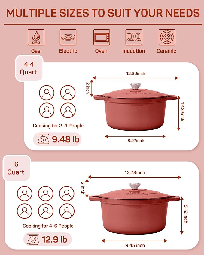 Enameled Cast Iron Dutch Oven ??6 Quart Pot with Lid & Potholders ??Heavy-Duty Cookware for Bread Baking, Braising, Stews & Roasting ??Oven & Stovetop Safe up to 500째F ??Red