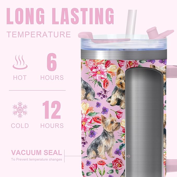 Yogusut Yorkie Gifts for Women, 40oz Stainless Steel Insulated Tumbler Travel Mug Cup with Handle Straw, Gifts for Dog Mom Dog Lover