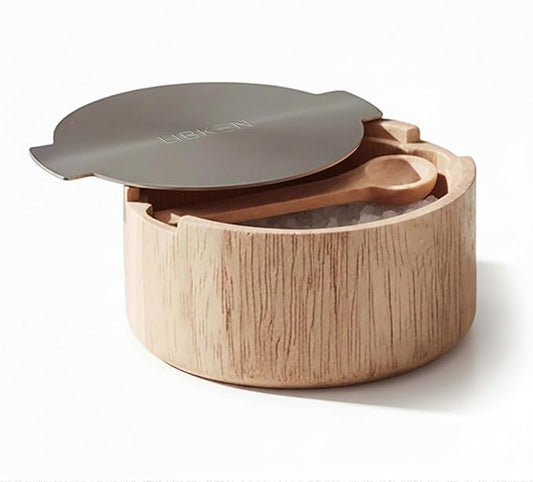 Wooden Salt Box with Stainless Steel Lid & Spoon ??Rubberwood Keeper to avoid Dust, Minimal Scandinavian Bowl for Pepper, Spices, Herbs and Salt Storage Container - Wooden