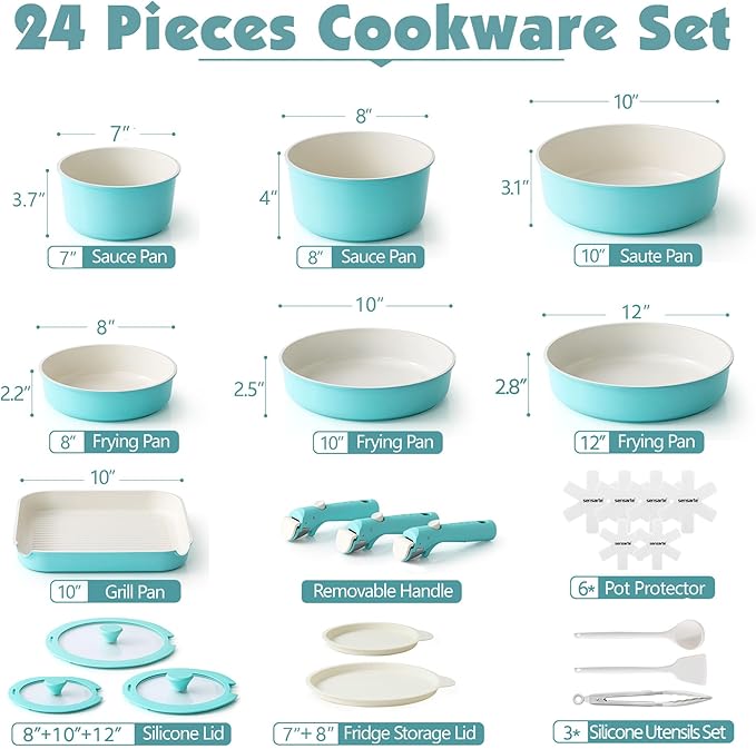 SENSARTE 24 Piece Ceramic Pots and Pans Set, Nonstick Detachable Handle Cookware, Induction Cookware Set with Removable Handle, Healthy Non Stick for RV, Dishwasher竊냀ven Safe, PFOA Free (Turquoise)