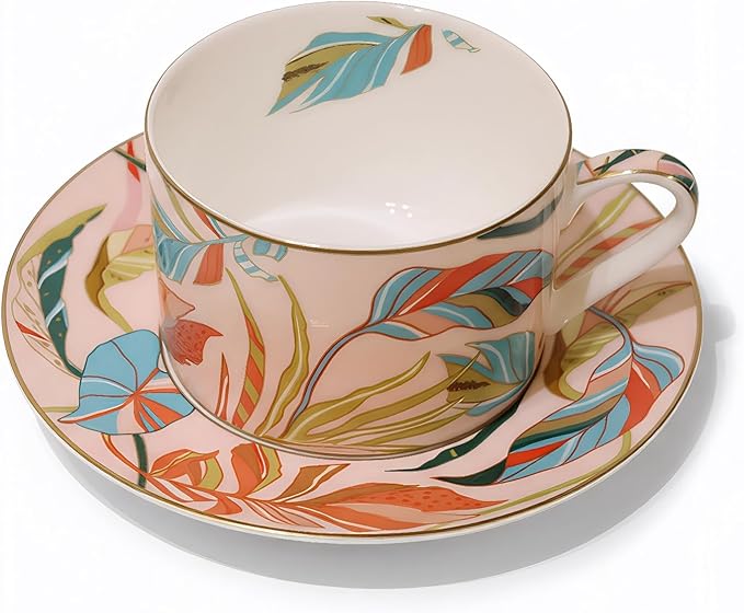 Floral Tea Cup and Saucer Set, 7.44 fl oz Capacity, 3.54 x 2.76 x 6.1 inches, Tropical Leaf Pattern (pink)