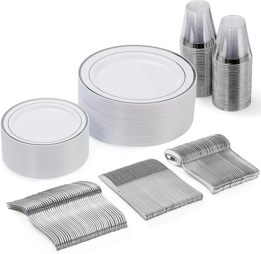 Goodluck 150 Pieces Silver Disposable Plates for 25 Guests, Plastic Party, Wedding, Dinnerware Set of Dinner Plates, Salad Spoons, Forks, Knives, Cups