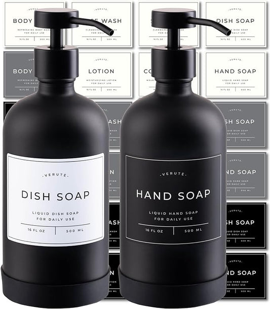Hand and Dish Soap Dispenser for Kitchen and Bathroom, Set of 2 16 Oz Glass Bottles, Stainless Steel Pumps, Non-Slip Silicone Base, 27 Waterproof Labels (Matte Black Bottle/Black Pump)
