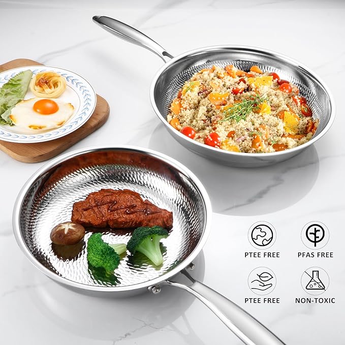 Lazycorner Titanium Non-stick Frying Pan with Lid, 8, 10, and 12 Inch Hammered Nonstick Skillet Set, Titaniums Coating & Scratch-Resistant, PFOA Free, Induction Compatible Cookware
