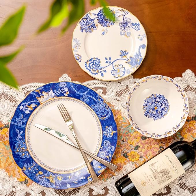 Exquisite ceramic tableware 3 Piece Bone China Modern Round Dishes Sets,Dinnerware dishset for Kitchen,Dinner Plate,Dessert Plate,Soup Bowl,Blue flowers