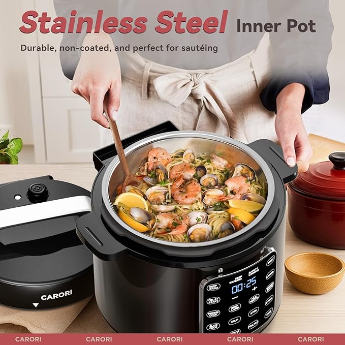 9-in-1 Electric Pressure Cooker 6 Qt, Stainless Steel Inner Pot, Programmable 12 Multi-Function Cooker with Safe Vent Design, Rice Cook, Slow Cook, Saut챕, Warmer & Sterilizer, Black