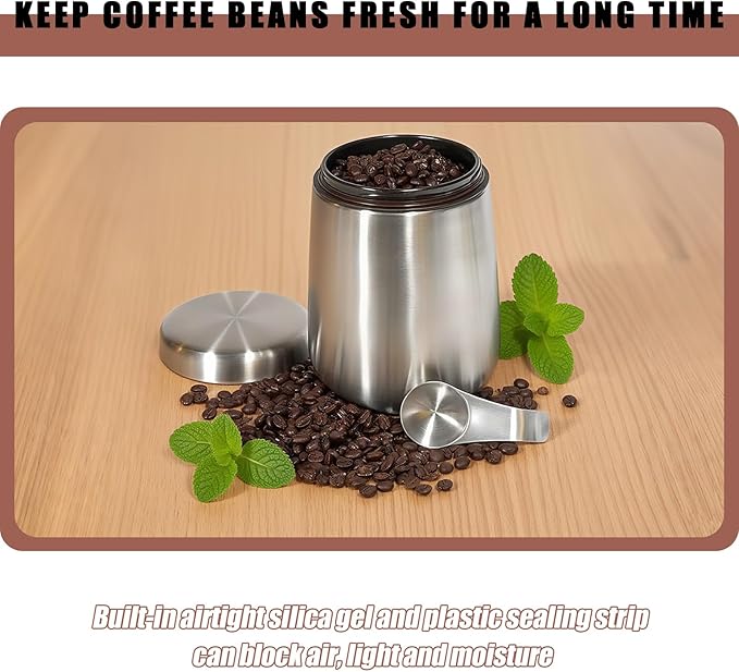 MEKBOK Coffee Canister,Airtight Stainless Steel Kitchen Food Storage Container with Date Tracker and Scoop for Grounds Coffee,Airtight Coffee Beans, Flour,Cereal,(18 OZ