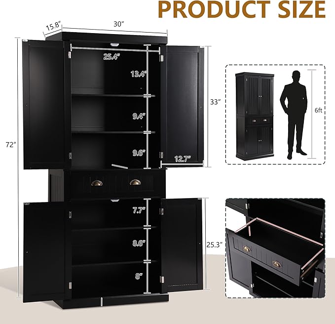 72" Kitchen Pantry Storage Cabinet, Freestanding Cupboard with 2 Cabinets, Drawer and Adjustable Shelves, Tall Storage Cabinet for Kitchen, Dinning Room, Living Room (Black)