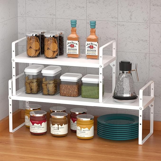 ?랤xpandable Kitchen Cabinet Storage Shelf, Stackable Metal Pantry Storage Shelves Organizer, Adjustable Height Counter Spice Rack for Kitchen Cabinet (White - 16.5"-27" L x 10.2" W x 9.6" H - 3Pack)