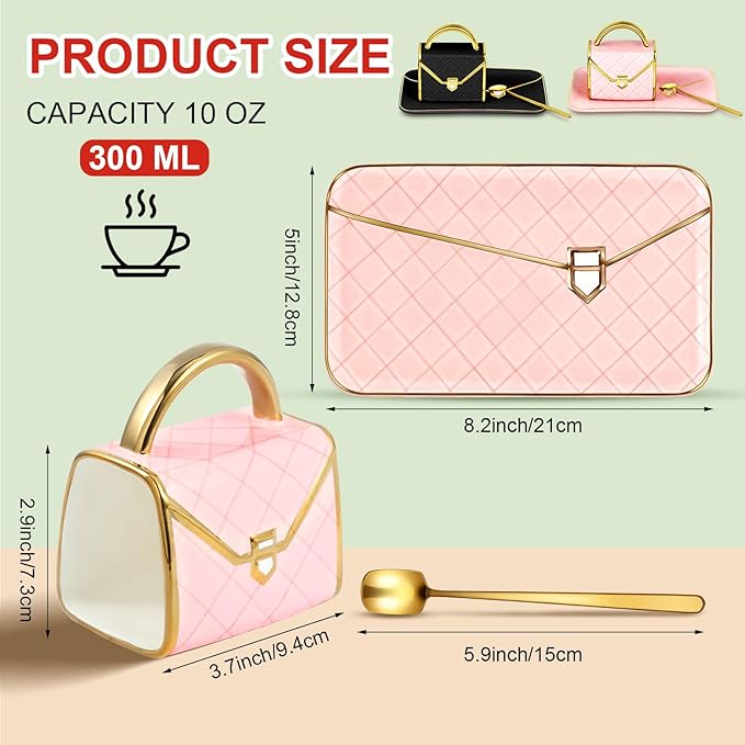 Zubebe 2 Sets Coffee Mug Elegant Handbag Shaped Cup Valentine's Day Modern Ceramic Purse Mug with Spoon and Saucer, 10oz Cute Creative Tea Cup for Woman Girls Gift (Pink,Black)