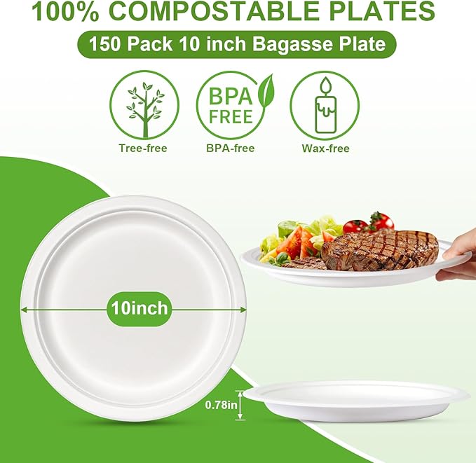 10 Inch Compostable Disposable Paper Plates, 150 Pack Heavy Duty Paper Plates, Made Of Eco-Friendly, Natural Sugarcane Bagasse