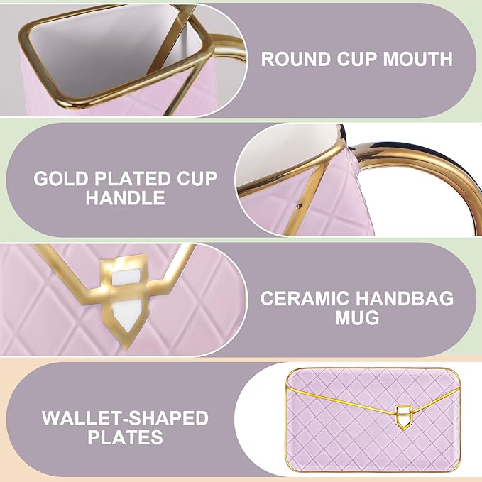 Zubebe 1 Set Coffee Mug Elegant Handbag Shaped Cup Valentine's Day Modern Ceramic Purse Mug with Spoon and Saucer, 10oz Cute Creative Tea Cup for Woman Girls Gift (Purple)