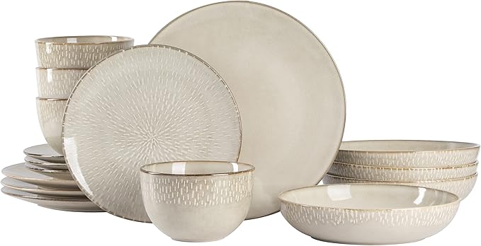 Gibson Elite Matisse 16-Piece Double Bowl Dinnerware Set ??Service for 4, Taupe Stoneware Plates and Bowls