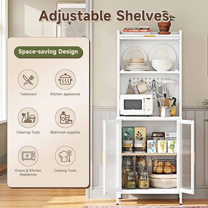 Letaya Metal Kitchen Pantry Cabinet,63" Tall Kitchen Bakers Rack with Storage, Coffee Hutch with countertop,Metal Microwave Stand with Glass Doors for Dining Room, Laundry, Hallway,White