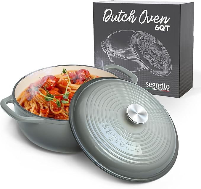 Segretto Cookware Enameled Cast Iron Dutch Oven, 6 Quarts, Gray