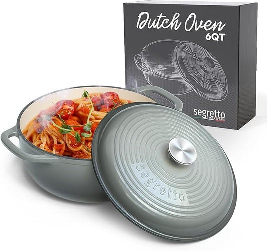 Segretto Cookware Enameled Cast Iron Dutch Oven, 6 Quarts, Gray
