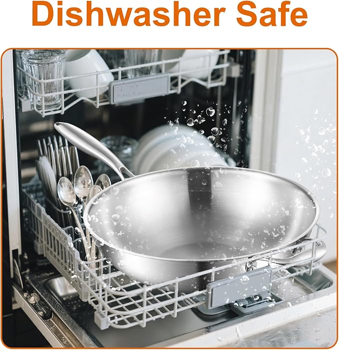 DELARLO Tri-Ply Stainless Steel Wok, 12 Inch Healthy Non-Toxic Cooking Wok Pan with Lid, With Side Ear, Wide & Deep Cookware Stir-Fry Pans, Dishwasher and Oven Safe Up To 600째F, Works on Induction