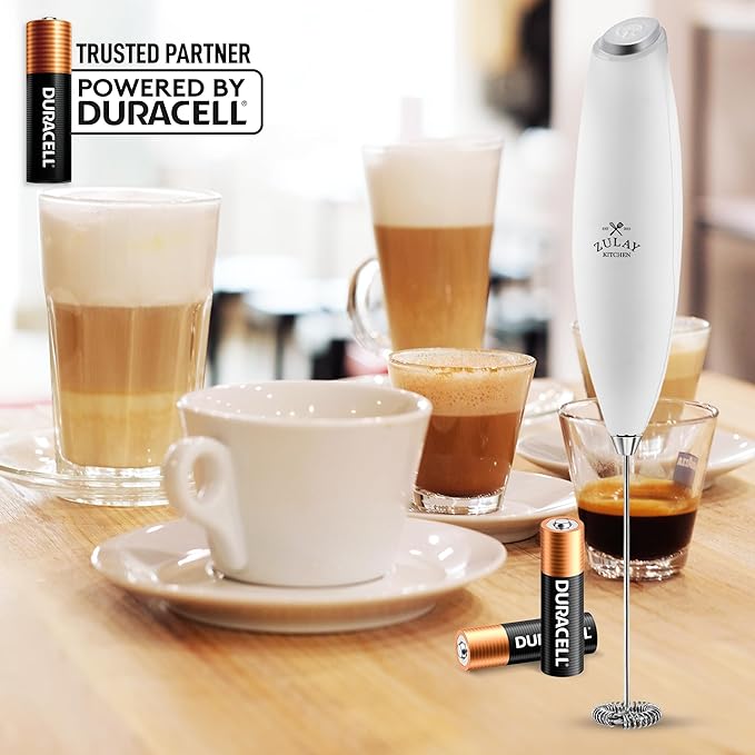 Zulay Kitchen Milk Frother Handheld Electric Whisk with AA Duracell Batteries ??Durable Drink Mixer for Coffee, Lattes, Cappuccinos & More - White
