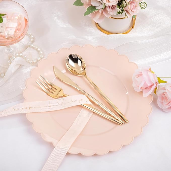 SUT 72-Count Pink Plastic Plates Disposable 10.25 Inch - Scalloped Edge Dinner Plates for Valentine?셲 Day, Parties, Birthdays, Weddings | Lightweight & Durable Disposable Dinnerware (72 Pack)