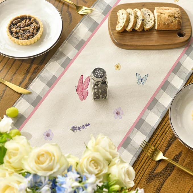 Artoid Mode Buffalo Plaid Vase Lavender Tulip Spring Table Runner, Seasonal Kitchen Dining Table Decoration for Home Party Decor 13x120 Inch