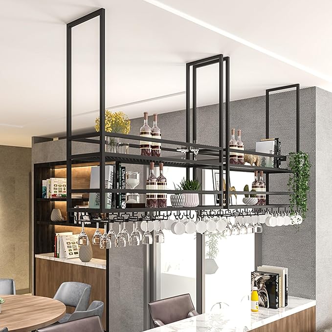47.2in Ceiling Wine Glass Rack, Industrial Wall Mounted Wine Rack, Hanging Wine Rack, 2-Layer Iron Bottle Holder Wine Shelf with Glass Holder (Black, 47.24INCH)