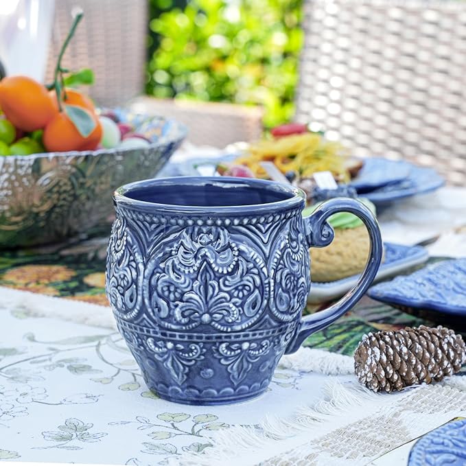 Sungmor Embossed Stoneware Fine Dining Dinnerware, Antique Baroque Style Porcelain Coffee Mugs Set of 2, 18oz Large Water Cups with Handles, Sophisticated Rustic Ceramic Mugs for Tea, Milk or Beer