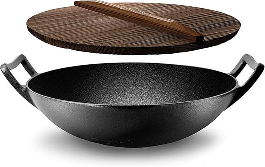 NutriChef Cast Iron Wok with Wooden Lid - Pre-Seasoned Chinese Wok for Stir-Fry, Compatible with Multiple Cooktops Including Induction, Large 5.8 Qt Capacity, 12" Diameter