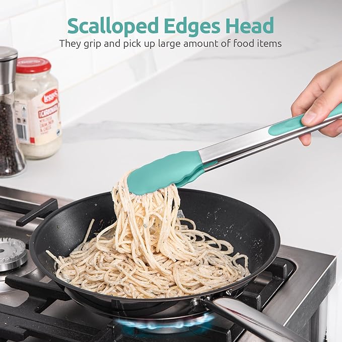 600쨘F Heat Resistant Kitchen Tongs: U-Taste 9+12 inch Silicone Cooking Tong Set with Firm Sealed Non Stick Rubber Tips and Silicon Coated 18/8 Stainless Steel Handle for Serving Grilling (Aqua Sky)