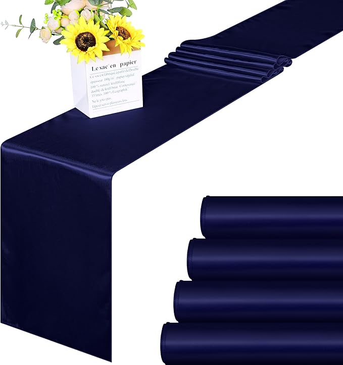 ANECO 4 Pack Satin Table Runner 12 x 108 Inch Long Bright Silk and Smooth Fabric Party Table Runner for Wedding Banquet Party Decoration- Navy Blue