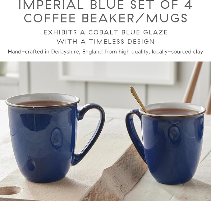 Denby - Imperial Blue Coffee Beakers/Mug Set of 4-11.5oz - Stoneware Tea Cup Mug Set - For Office & Home - Dishwasher Safe - Ceramic Tea Cups With Deep Blue Glaze - Chip Resistant