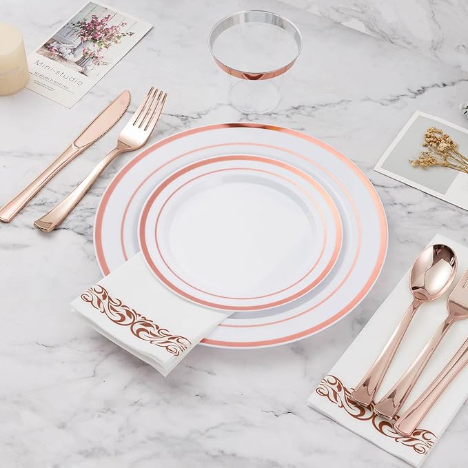 BESTVIP 175PCS Rose Gold Disposable Dinnerware Set for 25 Guests, Plastic Plates for Party, Wedding, Christmas, Include: 50 Plastic Plates, 25 Rose Gold Silverware, 25 Cups, 25 Napkins