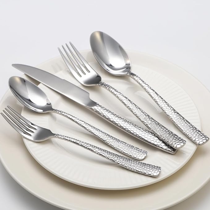 Hammered silverware set, 40 Piece Stainless Steel Flatware Set for 8, Food-Grade Tableware Cutlery Set for Home Restaurant, Mirror Polished, Dishwasher Safe