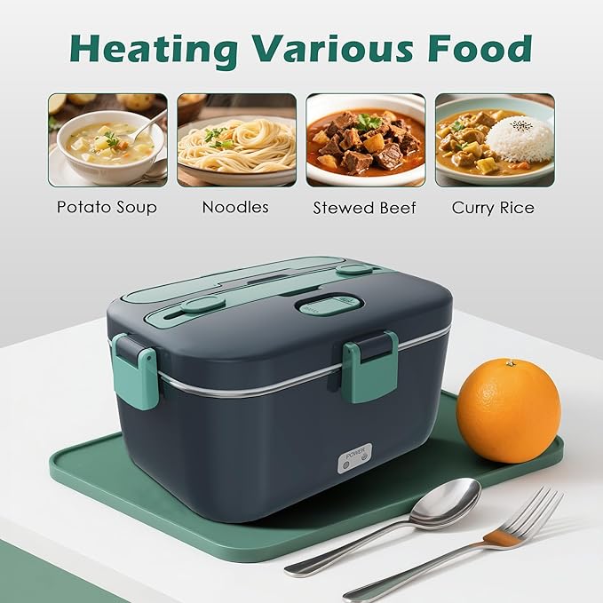 COZYEXPERT Electric-Lunch-Box-Heated-Food-Warmer 100W Heating Lunchbox for Adults 1.8L Portable Food Heater for Work/Car, 12V/24V/110-230V Lonchera El챕ctrica Port찼til with Fork Spoon (Gray+Green)