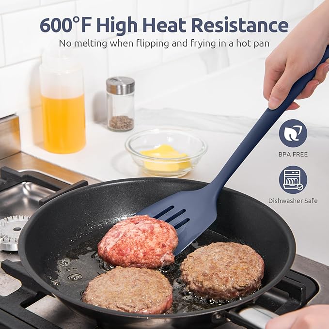 600쨘F Heat Resistant Slotted Turner: U-Taste 13.6" Silicone Kitchen Spatula Flipper, 3.74in Wide Food Grade Flexible Rubber Cooking Utensil for Egg, Pancake, Cookie, Nonstick Cookware-Midnight Blue