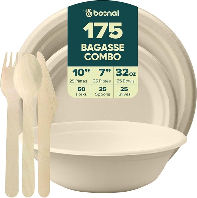 BOSNAL 10 inch & 7 inch Round Plates with 32 oz Bowls & Cutlery ??100% Plant-Based Sugarcane Bagasse, Eco-Friendly Disposable Dinnerware for Hot & Cold Meals, Microwave Safe, Durable & Compostable