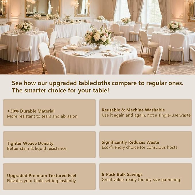 ITWMTTO 6-Pack White Round Tablecloth 90 Inch - Polyester Fabric Table Cloth Round Table Cover for Round Tables - Reusable & Washable