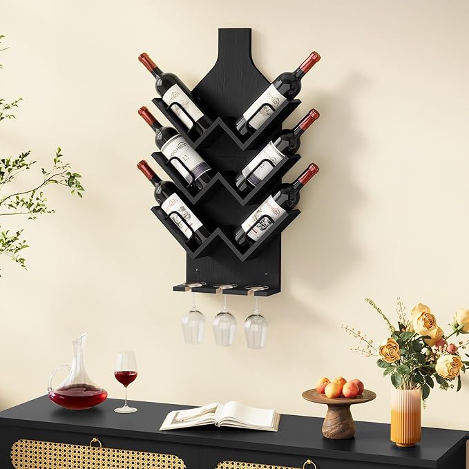 Hoctieon Wine Rack Wall Mounted, 6 Bottles Wood Wine Rack for Display and Storage, Hanging Bottle Holder Bar Shelves for Living Room, Kitchen, Dining Room, Wine Cellar, Black