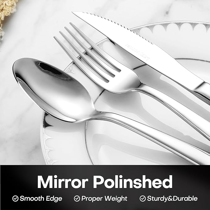 Lazycorner 53 Piece Silverware Set wiith Steak Knives and Serving Utensils 竊?8/10 Stainless Steel Flatware Set Mirror Polished Eating Utensils Sets Silverwear Cutlery Set, Dishwasher Safe
