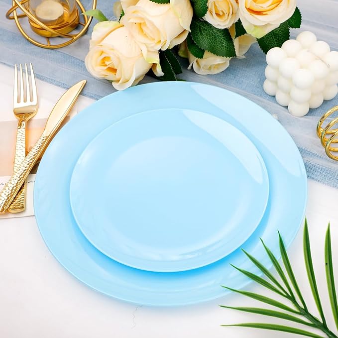 KIRE 60PCS Blue Plastic Plates Disposable - Heavy Duty Light Blue Plates Include 30Pcs 10.25??Dinner Plates and 30Pcs 7.5??for Dessert/Salad in Baby Shower/Picnic