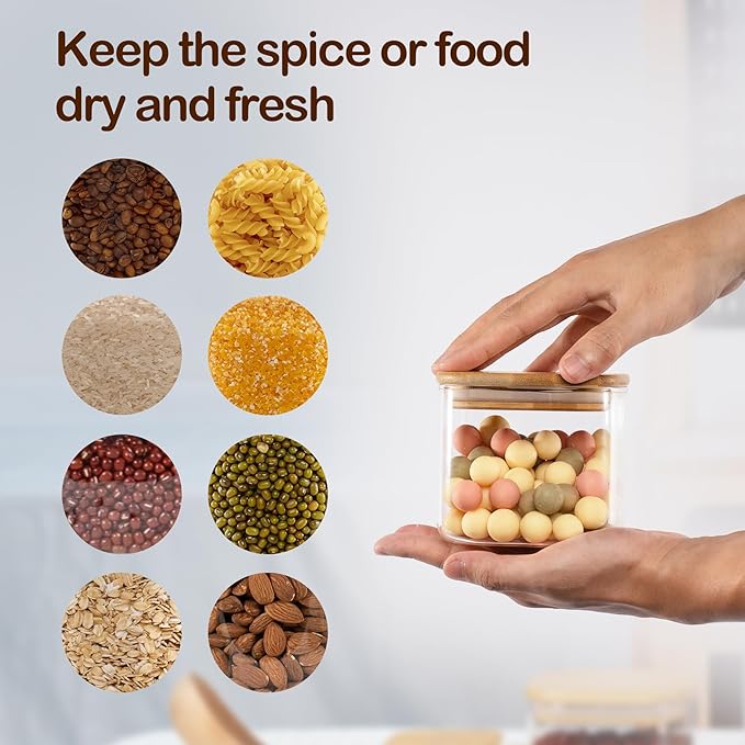 22oz Airtight Square Spice Containers with Bamboo Lid Set of 6 (650ml) Kitchen Pantry Organization Jar Stackable Spice Jar, for Sugar, Tea, Cookies and Coffee beans (?럚ith Black Lable)