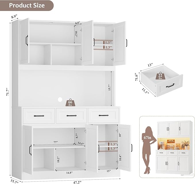 HOSTACK 72" Tall Kitchen Pantry Cabinet with Charing Station | LED Lights, 47" W Kitchen Pantry Storage Cabinet with Countertop, Modern Kitchens Hutch Cabinets with Storage for Dining Room, White